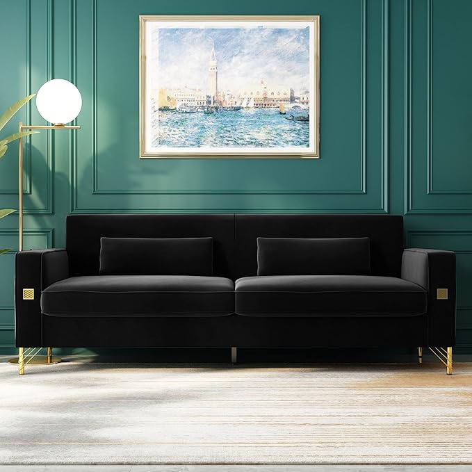 2PCS 85" Black Velvet Sofa Set,Modern Loveseat Couch with Pillows Set of 2 for Living Room,Bedroom,Apartment Furniture with Gold Metal Legs