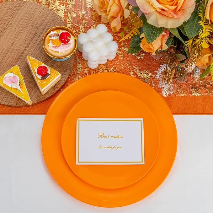 PULOTE 100PCS Orange Plastic Plates - Premium Hard Orange Disposable Include 50 Each(10.25 Inch Dinner & 7.5 Inch Dessert) Plates, Ideal for Party
