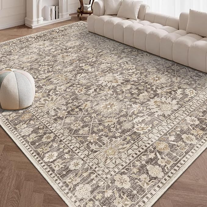 8X10 Area Rugs Machine Washable Rugs for Living Room Bedroom Hallway, Non Slip Indoor Soft Accent Distressed Boho Vintage Print Lightweight Thin Low Pile Carpet (Coffee, 8X10)