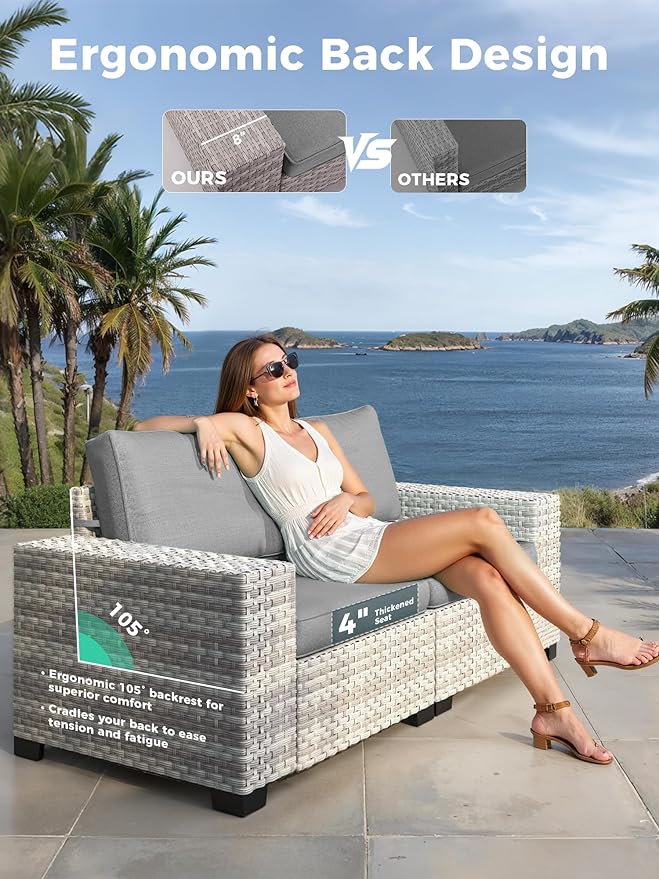 10 Piece Outdoor Wicker Rattan Sectional Sofa Set with Swivel Chairs & Fire Pit Table, 7-Seats with 4" Thickened Cushions & Coffee Table, All-Weather PE Rattan for Garden, Backyard, Porch, Grey