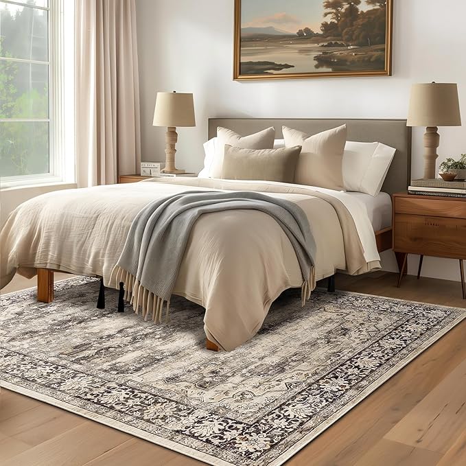 Gray Brown 5x7 Area Rugs for Living Room Washable Low Pile Soft Faux Fur Vintage Boho Carpet Rug Non Slip Sound Absorbing Geometric Floral Rug for Bedroom Office Patio Dining Room Kids Room,Hazel