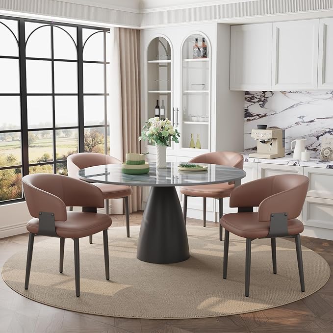Modern Dining Chairs Set of 4, Faux Leather Upholstered Kitchen Chairs with Curved Back and Metal Legs, Mid Century Chairs for Dining Room, Kitchen, or Café (Brown)