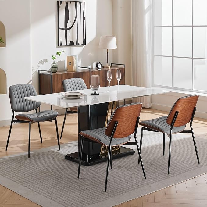 Dining Chairs Set of 2, Mid Century Modern Accent Dining Room and Kitchen Chairs, Upholstered PU Leather Vertical Stripe Chairs for Vanity with Walnut Bentwood and Metal Legs, Gray