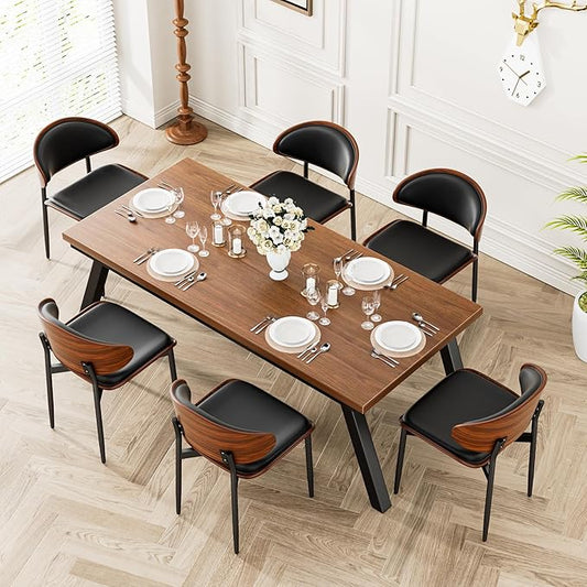 Dining Chairs Set of 6, Dining Room and Kitchen Chairs, Mid Century Modern Retro Chair, Upholstered PU Leather Chairs for Vanity with Walnut Bentwood and Metal Legs (Black)