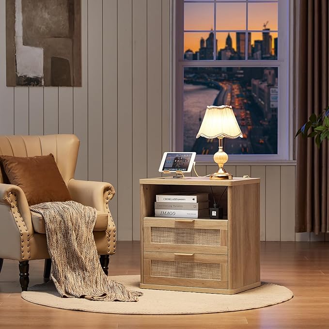 LEYAOYAO Boho Rattan Coffee Table and End Table Sets, 48" Wide Center Tables & 23" Night Stand with Charging Station Chest of Drawers, Natural Wood Coffee Table for Living Room 3 Piece Set