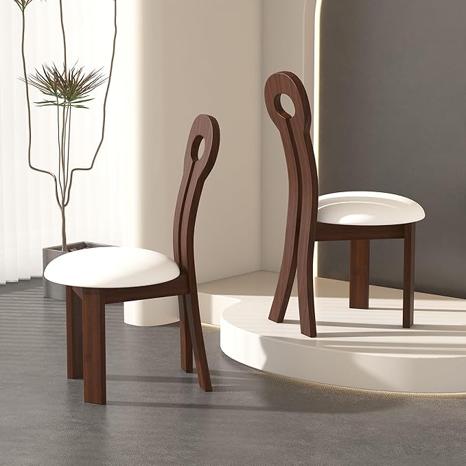 Dining Chairs Set of 2, Key-Design Home Chairs, PU Leather Solid Wooden Dining Chairs with White Round Cushion for Kitchen Dining Room-Deep Walnut Brown