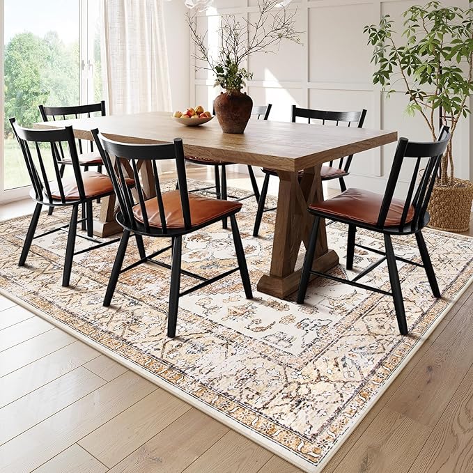 Lahome Washable Living Room Area Rugs 8x10 - Boho Ultra-Thin Non-Slip Bedroom Rug 8x10 Under Bed, Farmhouse Neutral Print Floor Carpet for Dining Room Office (Taupe,8'x10')