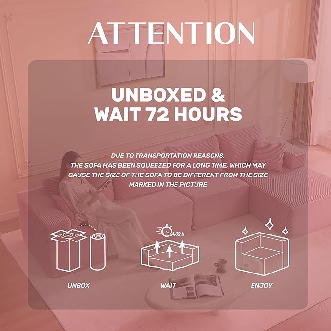 138" Boneless Couch with Deep Seat, Modular Sectional Sofa, Cloud Sectional Couch for Living Room, No Assembly Required, Corduroy, 4 Seater L-Shape Right, Pink