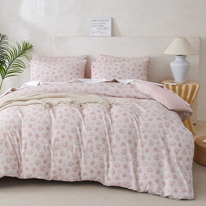 King Size Comforter Set Soft Flower 3 Pieces Chic Crinkle Gauze Fabric Garden Style Floral Print Botanical Comforter for All Seasons Luxury Warmth Comfy Breathable with 2 Pillowcases