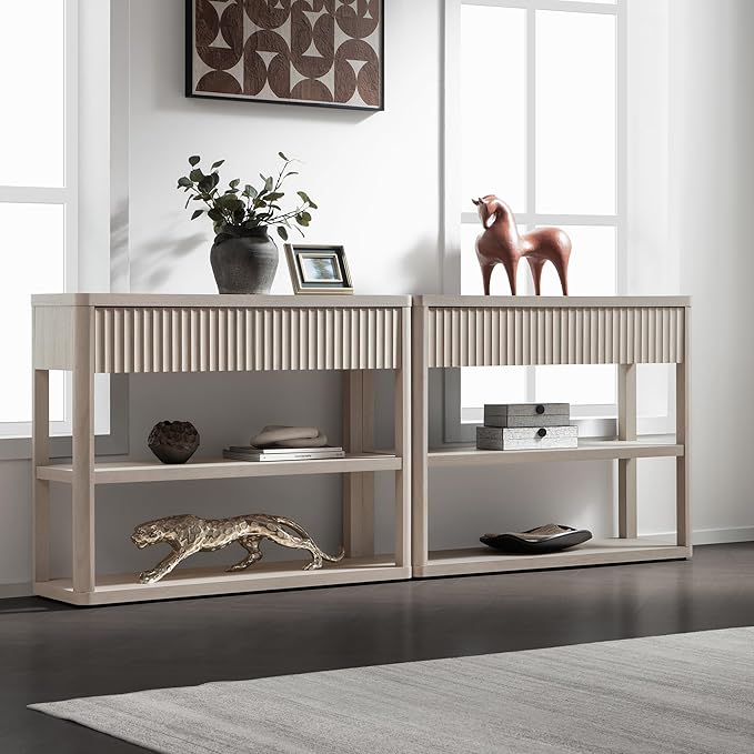 SICOTAS Fluted Entryway Table with Storage, 88.26" W Console Table with 4 Drawers & 4 Tier Storage Shelves, Modern Sofa Table Behind The Couch for Living Room, Entrance, Hallway, Foyer, White Alder