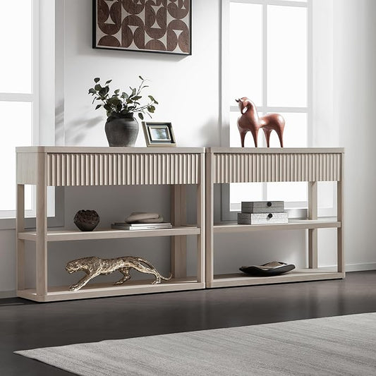 SICOTAS Fluted Entryway Table with Storage, 88.26" W Console Table with 4 Drawers & 4 Tier Storage Shelves, Modern Sofa Table Behind The Couch for Living Room, Entrance, Hallway, Foyer, White Alder