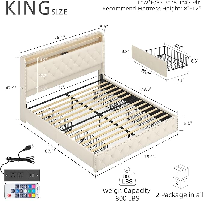 BRELTAM King Size Bed Frame with LED and Charging Station Upholstered Velvet Bed Frame with 4 Storage Drawers, Platform Bed Frame and Headboard Heavy Duty Wood Slats, Noise Free, Easy Assembly, Beige