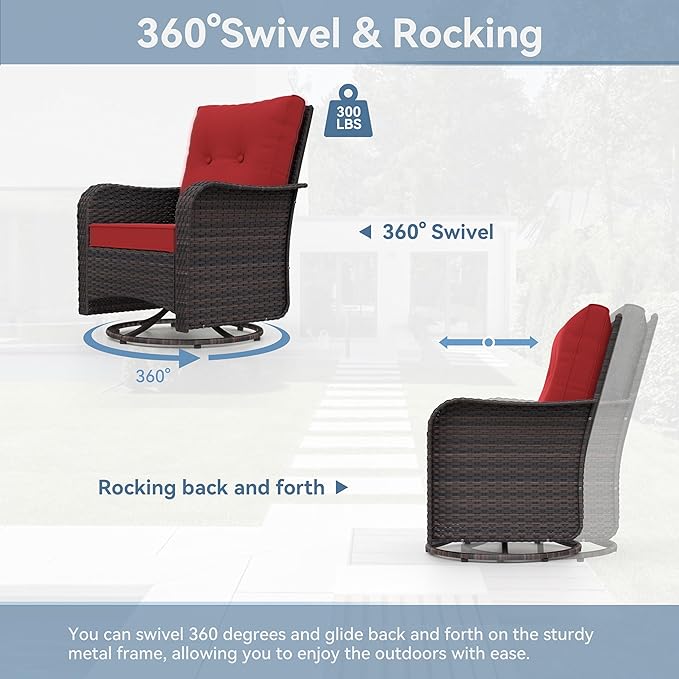 Kurapika 9 Pieces Patio Furniture Set, Rattan Sofa Set, Outdoor Conversation Sets w/Swivel Rocking Chairs Patio Sectional Sofa w/4 Inch Cushion, Red