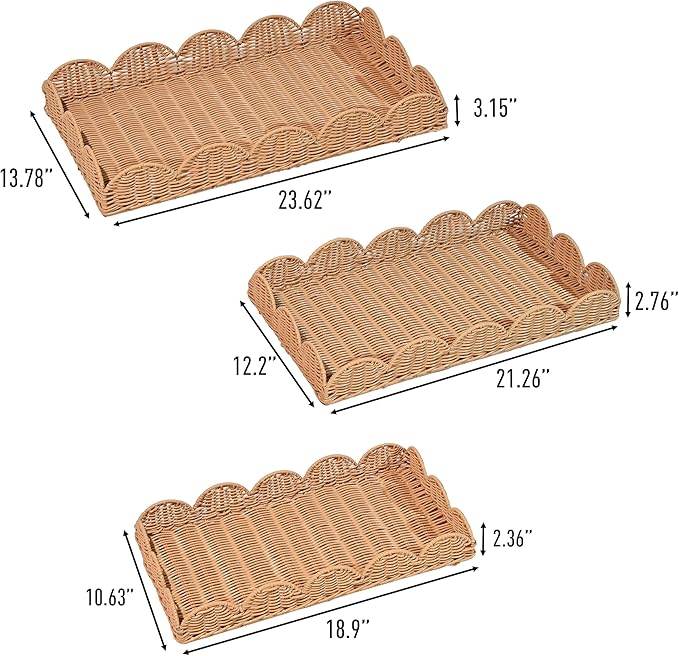 happimess TRY2001A-3SET Parker Southwestern Cottage Resin Scalloped Rectangular Decorative Serving Trays, Brown (Set of 3) for Storage and Decoration in Bathroom, Bedroom, Living Room