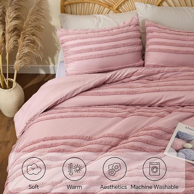 BEDELITE Boho Comforter Set Queen Size, Dusty Pink Tufted Striped Bed Set 3 Pieces, Soft Vintage Farmhouse Comforter for All Seasons, Boho Home Decor,Fluffy Jacquard Bedding with 2 Pillow Shams