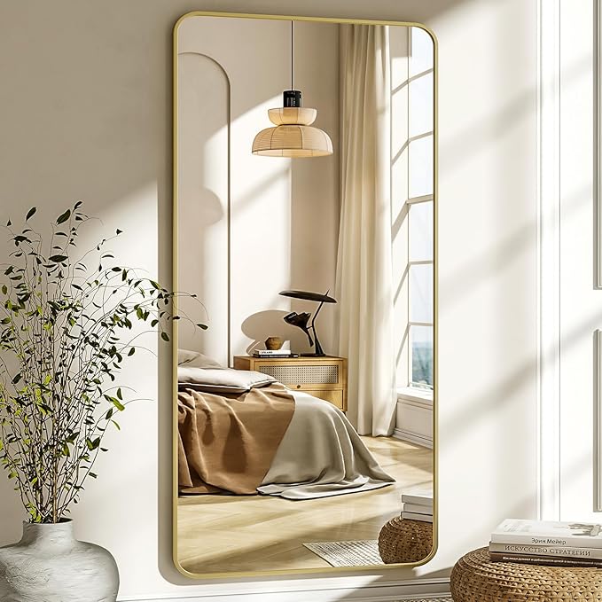 76"x34" Floor Full Length Mirror Standing Full Body Rounded Corner Rectangle Mirrors with Stand Hanging Wall Mounted Leaning Bedroom Living Room Bedroom Cloakroom,Gold