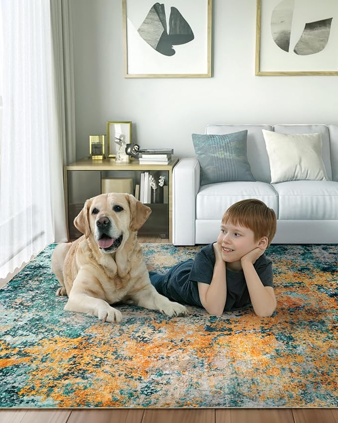 9x12 Area Rug for Living Room - Washable Rugs Modern Abstract Neutral Soft Rug for Bedroom Dining Room No Slip Low Pile Carpet for Nursery Home Office - Teal/Orange