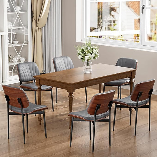 Dining Chairs Set of 6, Dining Room and Kitchen Chairs, Mid Century Modern Accent Chair, Upholstered PU Leather Chairs for Vanity with Walnut Bentwood and Metal Legs, Gray