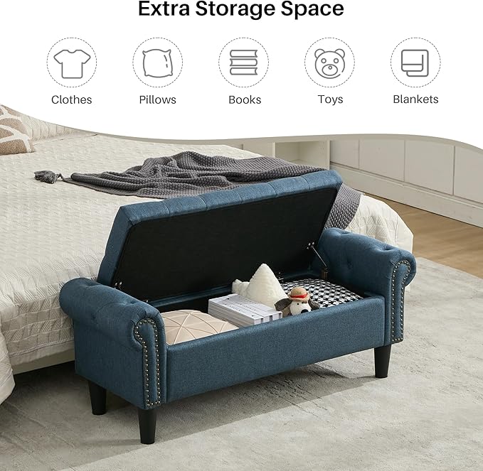 Storage Bench, 50" Queen End of Bed Bench, Linen Tufted Button Upholstered Bedroom Bench, Storage Ottoman with Rolled Arms, Window Bench with Storage, for Living Room, Entryway Dark Blue