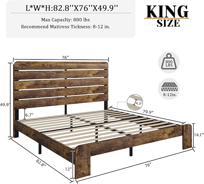 King Size Wooden Bed Frame with Headboard, Rustic Farmhouse Platform Bedframe with Wood Slat Support, Sturdy and No Noise, Easy Assembly (Brown, King)