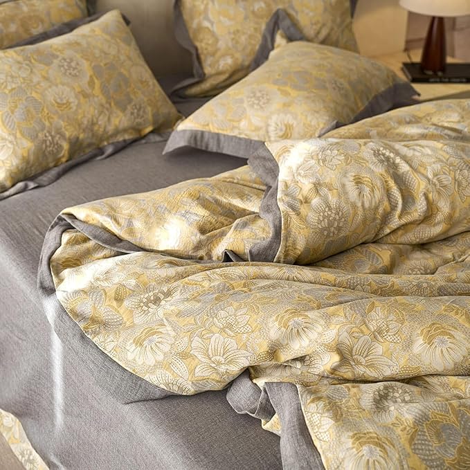 LifeTB Vintage Flower Duvet Cover King Yarn-Dyed Cotton Linen Textured Duvet Cover Jacquard Golden Floral Duvet Cover Bordered Garden Style Botanical Comforter Cover Chic Farmhouse Bedding Set King