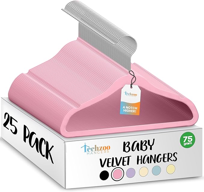 25 Premium Baby Velvet Hangers - 11.8 Inches Non-Slip & Ultra-Slim Baby Hangers for Space-Saving & Children Clothes - 360 Swivel Hook, Strong & Durable Infant & Toddler Clothes Hanger - Pink