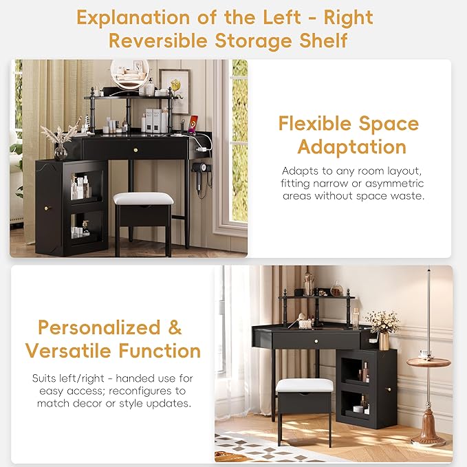 Merax Corner Vanity Desk Set with Storage Cushioned Stool & Charging Station, Triangle Makeup Desk with Removable Pull-Out Side Cabinet, Glass Tabletop Makeup Vanity with Drawer & Shelf, Black