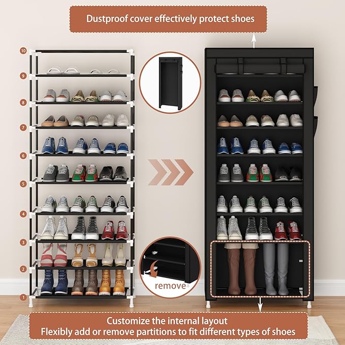 Calmootey 9 Tier Shoe Rack Organizer,Portable Shoe Shelf with Nonwoven Fabric Cover for Closet Hallway,Bedroom,Entryway,Black