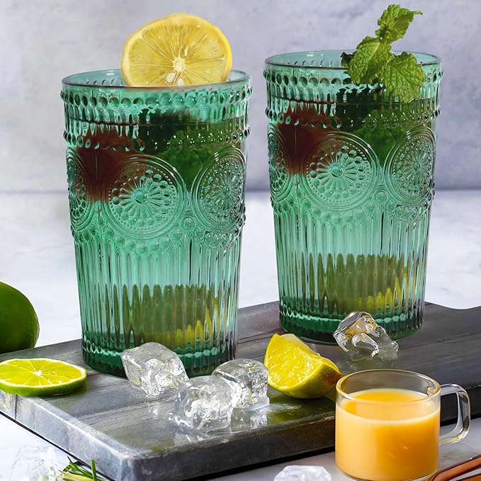 6pcs Vintage Drinking Glasses Set, 12 oz Atroviens Highball Glasses, Embossed Ribbed Glassware Cups for Cocktail, Water, Juice, Coffee, Whiskey