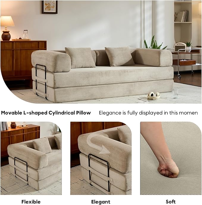Corduroy Floor Sofa Bed, Convertible Folding Couch Bed with Fixed-Shape Frame and Armrest for Living Room Bedroom Lounge Studio-Beige