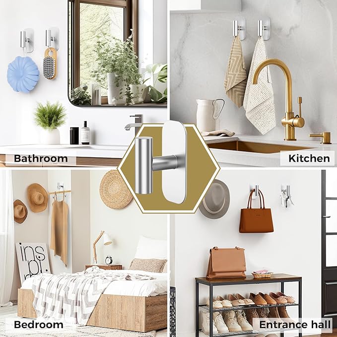 Adhesive Towel Hooks for Shower,Waterproof Heavy Duty Bathroom Hooks,Wall Mounted Sticky Hangers for Coats/Aprons/Robes,No Drilling(Silver,2 Pack)