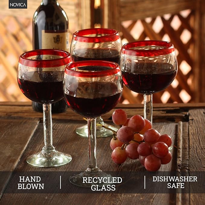 NOVICA Hand Blown Clear Red Recycled Glass Wine Glasses, 12 Oz 'Ruby Globe' (Set Of 4)