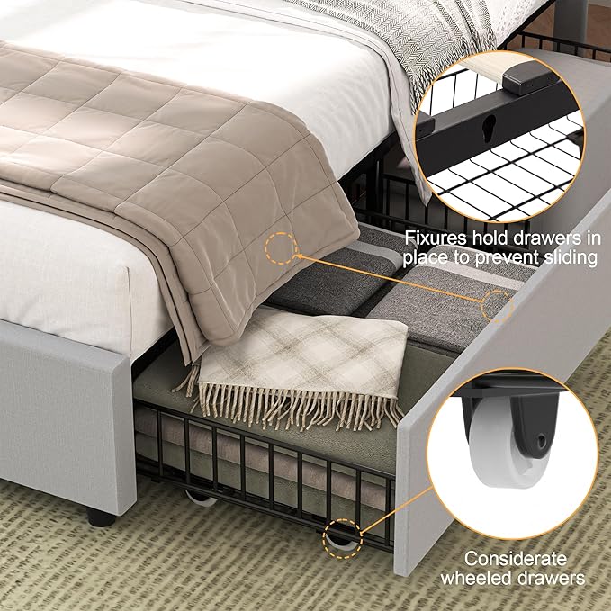 VECELO Queen Size Bed Frame with 4 Storage Drawers & Adjustable Headboard, Built-in Charging Station, Upholstered Bedframe with Wood Slats Support, Light Grey