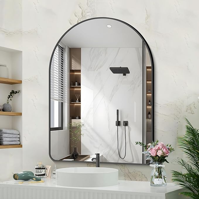 GLASHOM 30"x40" Black Arched Mirror - Wall Mounted, Aluminum Alloy Brushed Framed, Anti-Rust, Large Mirror for Over Sink, Bedroom, Entryway
