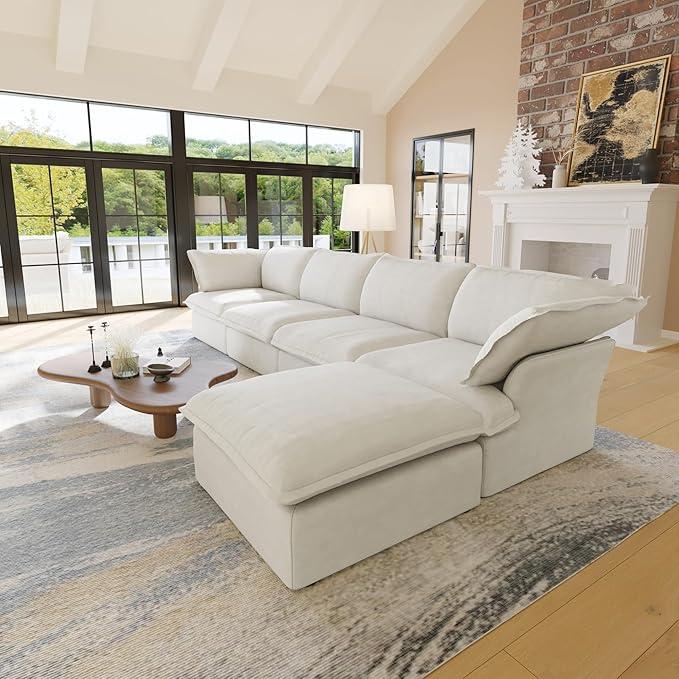WJShome 162.98" Cloud Modular Sectional Sofa, L Shaped Couch Filled with Down, Minimalist Wide Deep Seat Couches for Living Room Apartment Lounge Bedroom (White, 4 Seater+1 Ottoman)