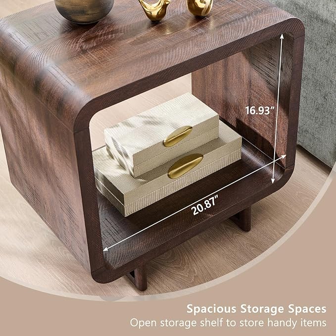23.6" Modern End Table Set of 2, 2 Tier Side Table with Charging Station, Simple Bedside Table with Open Storage Shelf, Outlet, Wooden Nightstand for Bedroom, Living Room, Study, Brown