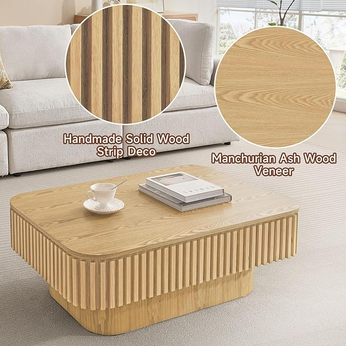 Lift Top Coffee Table for Living Room,Rectangle Handmade Solid Wood Strips, Fluted Coffee Table with Hidden Storage Compartment Small Space Office Apartment (38.6" L×26.8''W×13.8''H-Natural)