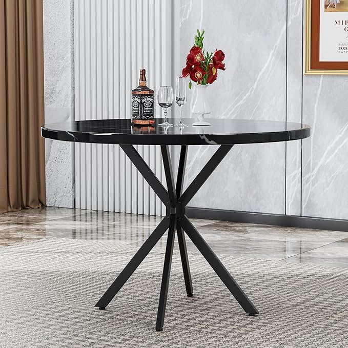 Round Dining Table, 39 Inch Modern Round Kitchen Table Black Dining with Black X Base, Kitchen Table Leisure Table for 4-5 People Small Space Dining Room, Apartment, Kitchen