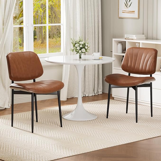 Dining Chairs Set of 4, Mid-Century Modern Upholstered PU Leather Chairs with Walnut Bentwood Back and Metal Legs Adjustable Feet for Kitchen Dining Room, Camel Shell Strips