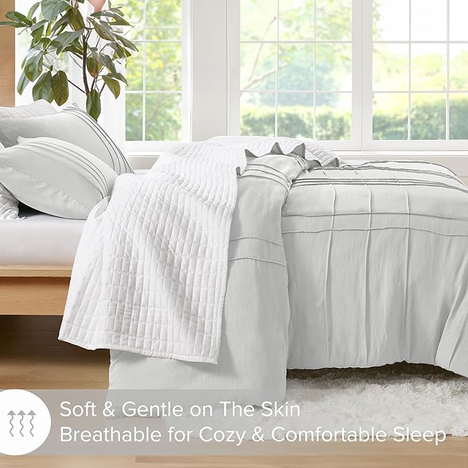 Comfort Spaces Silver King Size Comforter Set - 3 Pieces Pintuck Pleated Bedding Sets, All Season Lightweight, Extra Softness Pre-Washed Microfiber King Bed Set, Shams, King