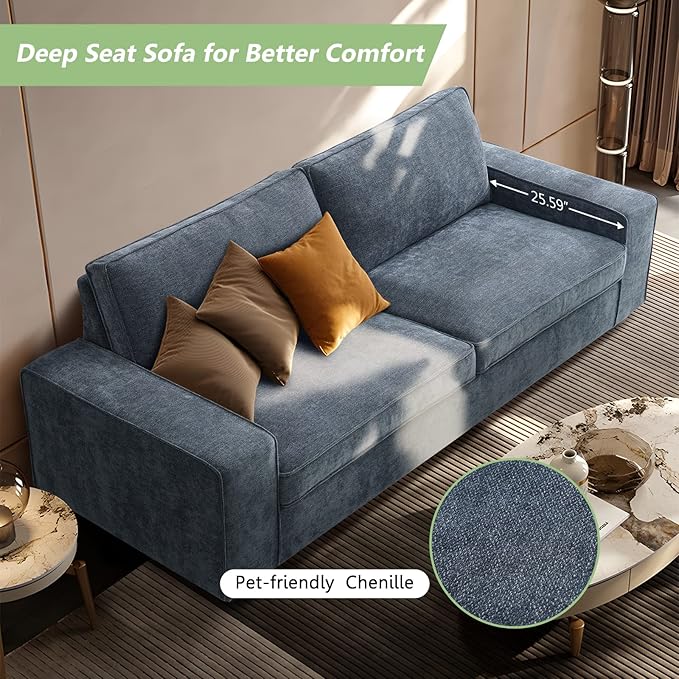 LEISLAND 71.25" Modern Sofas for Living Room, Small Sofas Couches for Small Spaces, Chenille Loveseat Couch with Solid Wood, Metal, Square Arm and Removable Cover/Easy to Install(Blue)