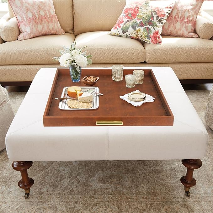 HofferRuffer Extra Large Square Serving Tray, Elegant Faux Leather Ottoman Tray with Gold Hardware Handles, Serve Tea, Coffee or Breakfast in Bed, 24 x 24 inches (Brown Shagreen)
