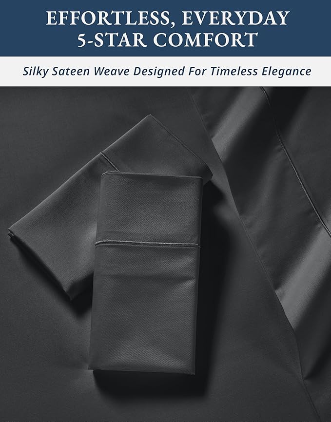 LANE LINEN 100% Egyptian Cotton Queen Sheets, Long Staple Mercerized Cotton No Pill Fade Resistant Silky Sateen Weave for Soft & Comfy Good Night Sleep, Deep Pocket Fits 15" Mattress - Moonless Night