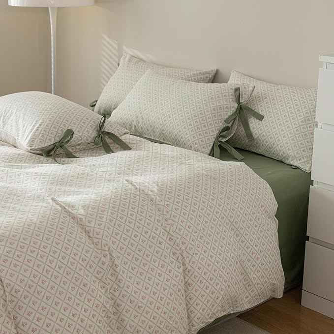 Pink Flower Duvet Cover Full Size Vintage Country Style Red Floral Comforter Cover Green Grid Plaid Duvet Cover with 2 Bow Ties Pillowcases Cotton Girls Floral Bedding Quilt Cover with Zipper Closure