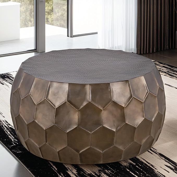 Modern Contemporary Round Aluminum Material 32" Coffee Table and 21" Height Table 2PC Table Set with Glossy Diamond-Patterned Base Antique Gold