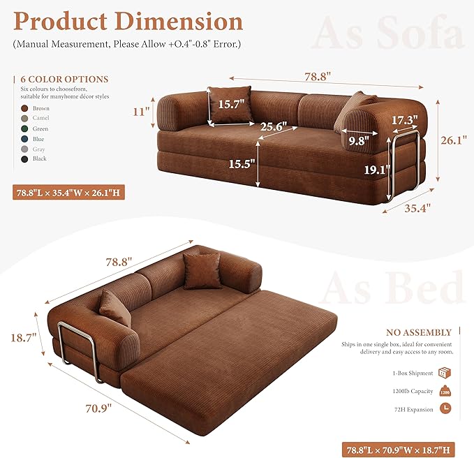 Boneless Couch Sectional Sofa,Convertible Sofa Bed with Sleeper Sofa,Futon Floor Couch Folding Sofas for Living Room,Bedroom,Apartment (Orange, 78.8''W)