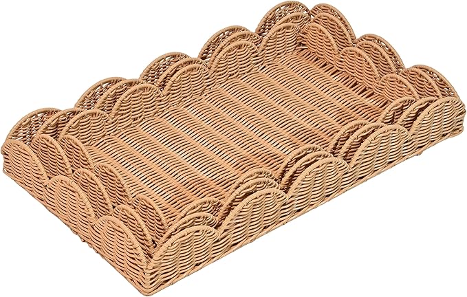 happimess TRY2001A-3SET Parker Southwestern Cottage Resin Scalloped Rectangular Decorative Serving Trays, Brown (Set of 3) for Storage and Decoration in Bathroom, Bedroom, Living Room