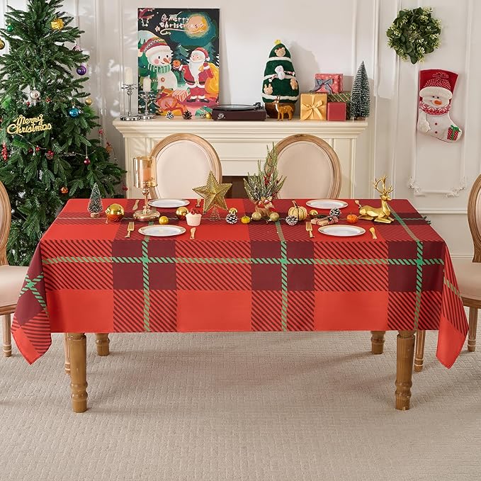 Christmas Tablecloth Rectangular 60x102 Inch Waterproof Table Cloth for 6ft, Washable Polyester Table Cover for Xmas Party, Winter Holiday Home Decoration in Festive Checkered Red 1pack