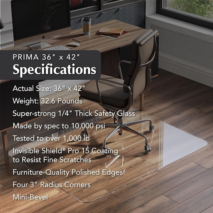 Vitrazza Glass Chair Mat 36” x 42” Superior ¼ Thick, Luminoso Low-Iron Ultra Clear, Certified Tempered Safety Glass, Delivers a Smooth Glide, Protects Carpet or Wood, Beautiful in Home or Office.