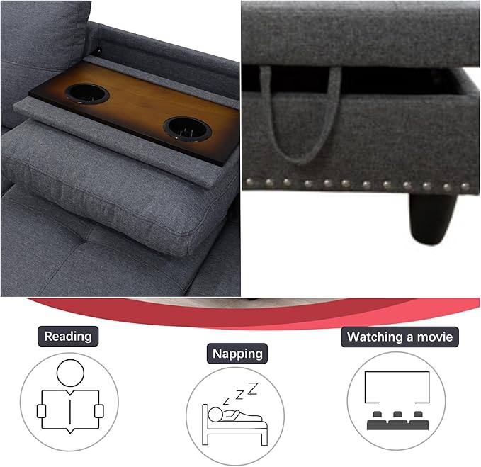 Large Storage Ottoman Sectional Sofa, L-Shaped Couch with Reversible Chaise, Space Saving Design, Gray Fabric with Accent Pillows. (Light Gray)